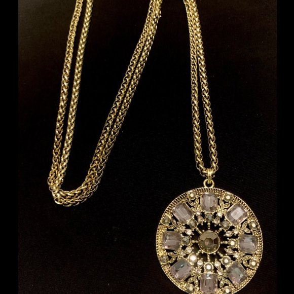 Purple Glass Medallion Large Pendant Long Statement Necklace 36” - Picture 2 of 5